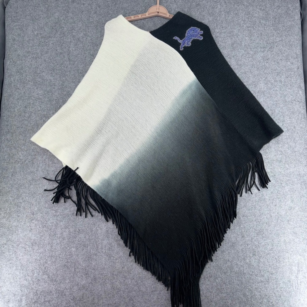 Little Earth Detroit Lions Ombre Knit Poncho Rhinestone Logo Grey Cream Fringe